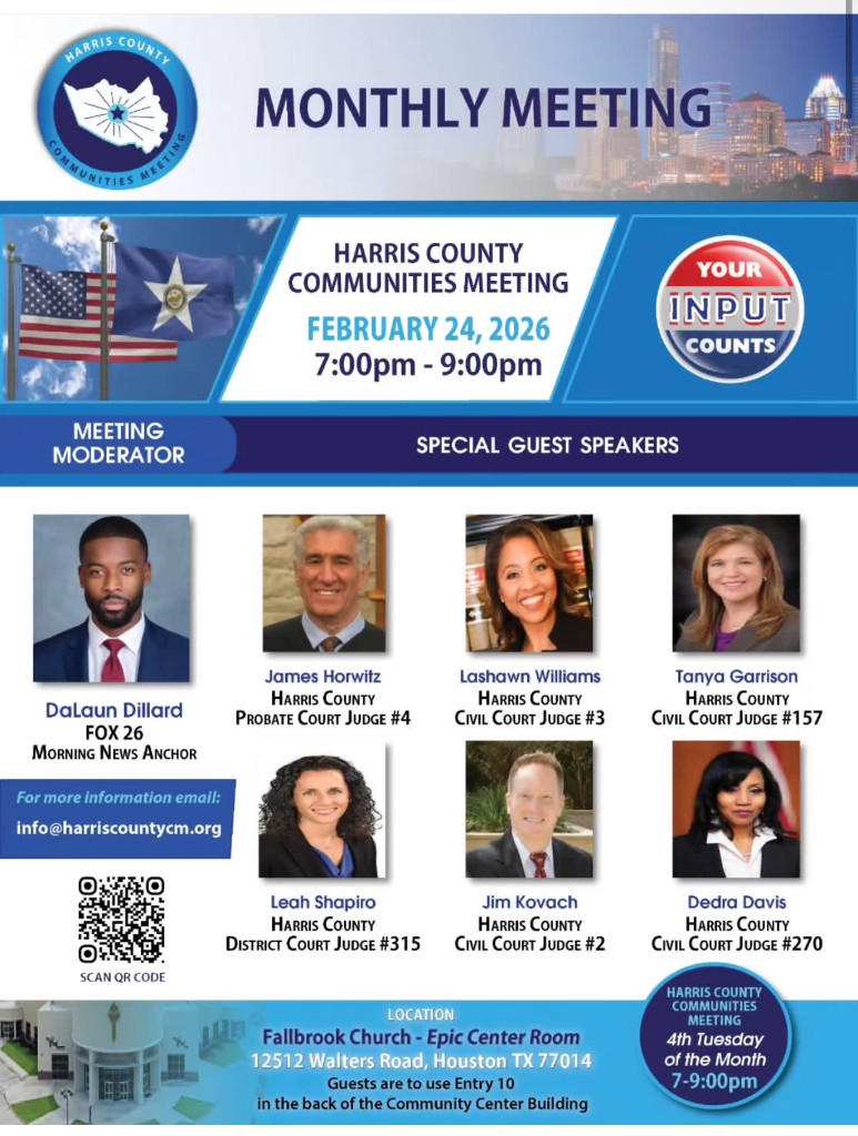 Harris County Communities Monthly Meeting flyer – February 24, 2026, 7:00pm–9:00pm